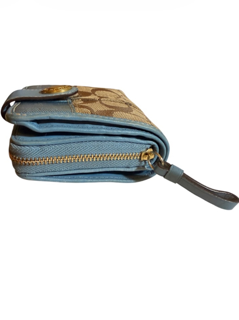 Coach Khaki Signature Blue Strim Leather Zip-Around Credit Card Wallet - Picture 7 of 13